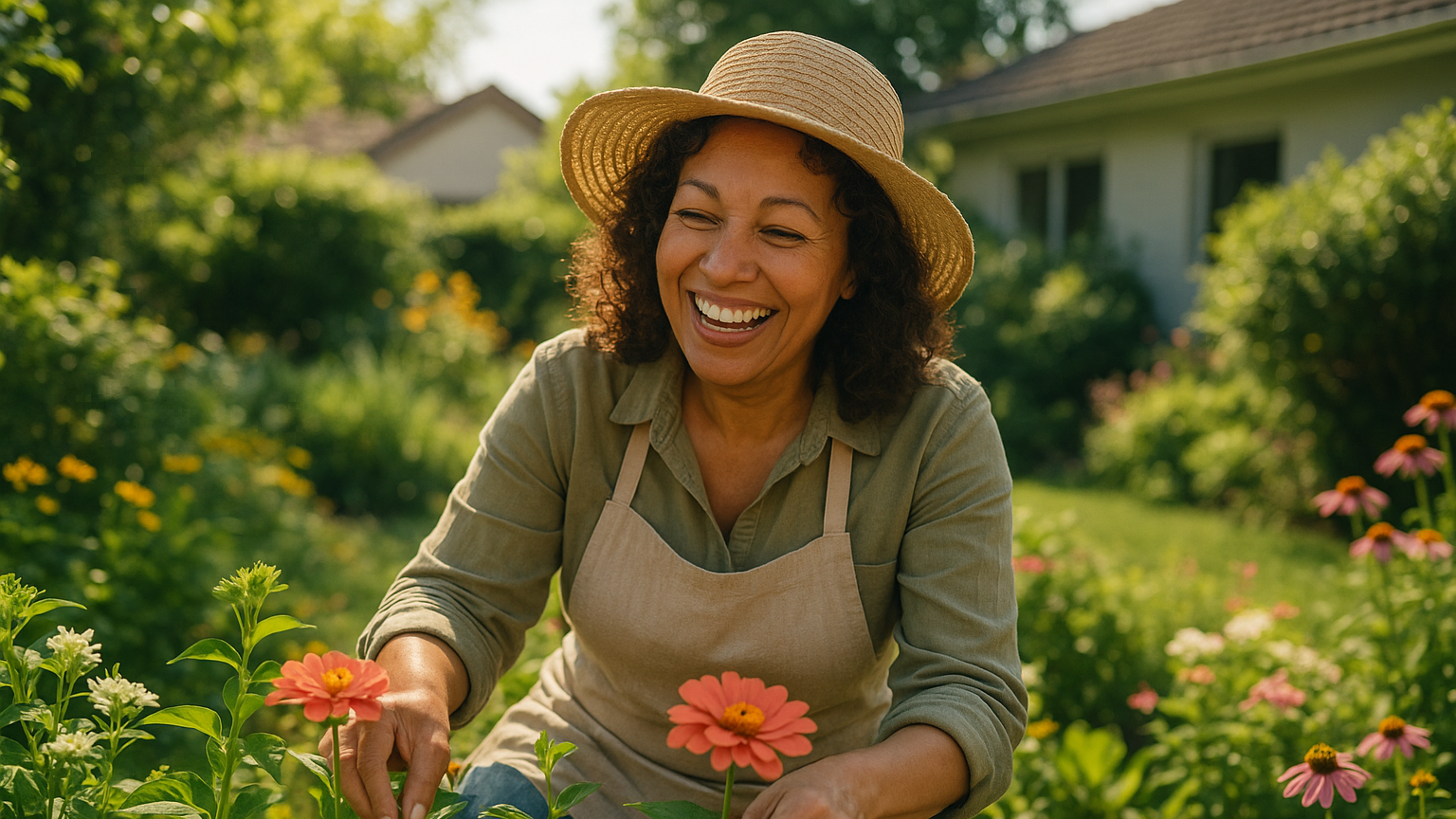Una mujer feliz en el jardin de su casa
